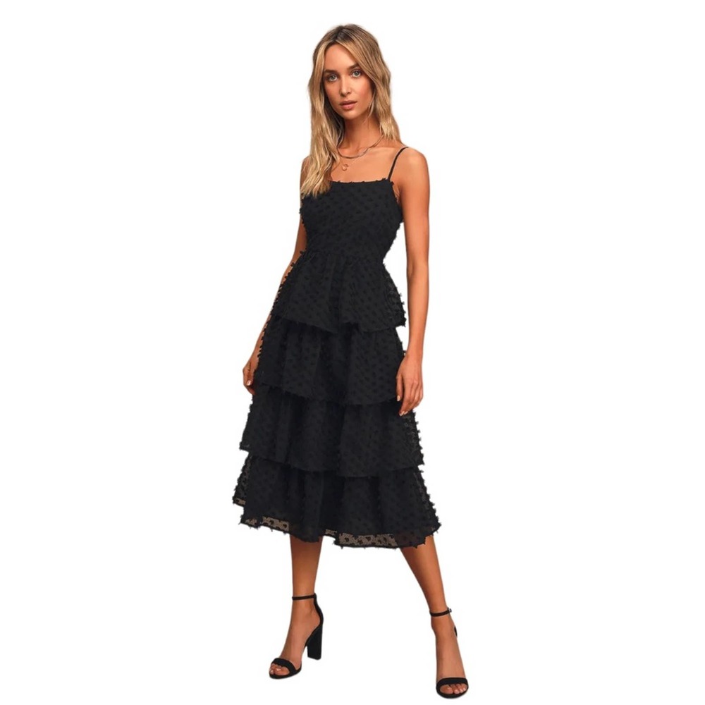 Lulu’s Flirting with You Black Tiered Pom Pom Midi Dress L
